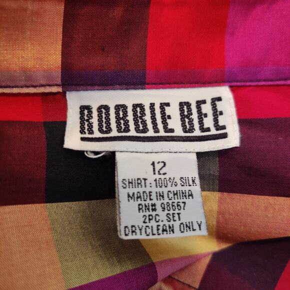 Robbie Bee Plaid Silk Blouse Button Up Pink Fuchsia Gold - Picture 10 of 10